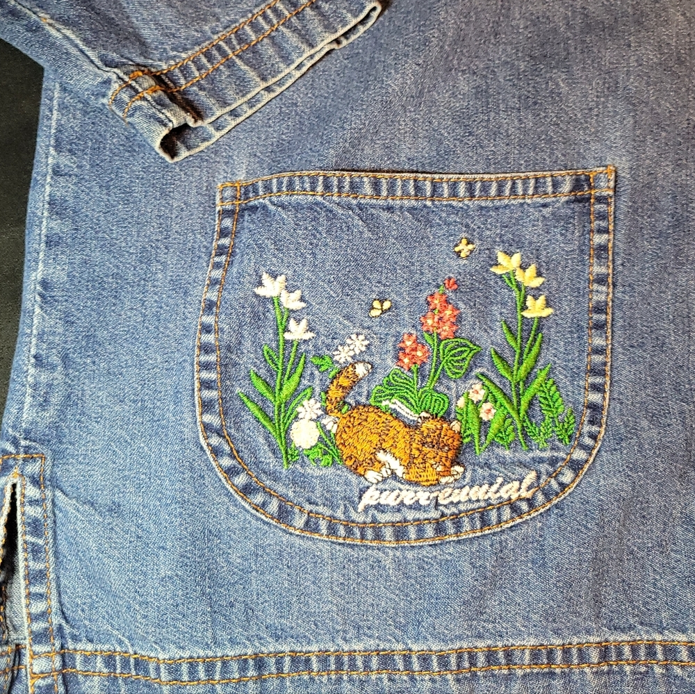 Denim Cat Theme Hobby Button Down Jacket Embroide… - image 3
